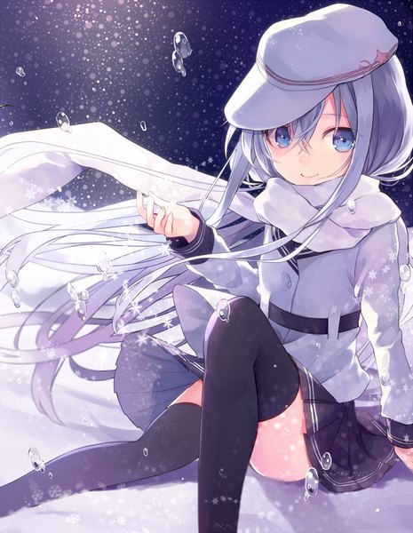 Anime picture 700x904 with kantai collection hibiki destroyer verniy destroyer shugao single long hair tall image blue eyes smile hair between eyes sitting bent knee (knees) wind grey hair winter hammer and sickle girl thighhighs uniform black thighhighs