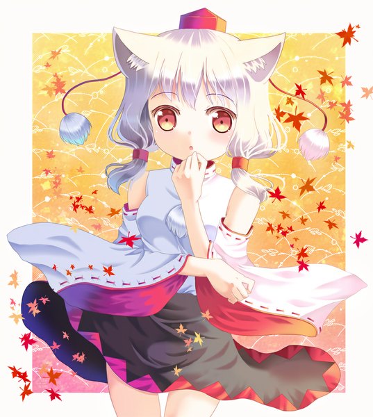 Anime picture 895x1000 with touhou inubashiri momiji hazakura satsuki single tall image looking at viewer blush short hair red eyes twintails bare shoulders animal ears white hair low twintails border outside border wolf ears girl detached sleeves leaf (leaves)