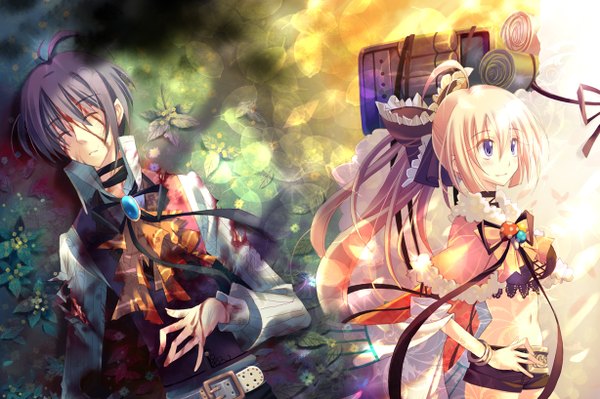 Anime picture 1228x818 with yamadori yoshitomo long hair short hair black hair blonde hair purple eyes ahoge midriff hand on hip girl boy navel bow hair bow bracelet belt leaf (leaves) blood neckerchief