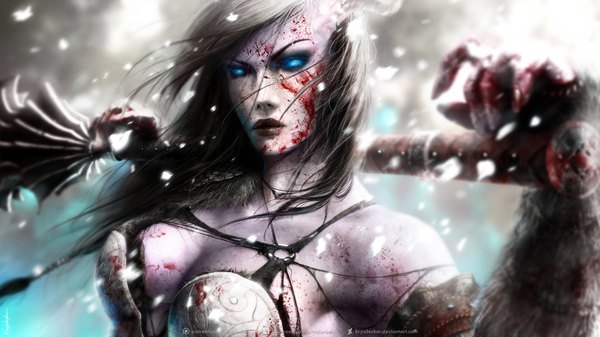 Anime picture 1920x1080 with world of warcraft warcraft blizzard entertainment draenei death knight krysdecker (krystopher decker) single long hair looking at viewer highres blue eyes wide image holding lips eyeshadow bloody clothes girl weapon blood