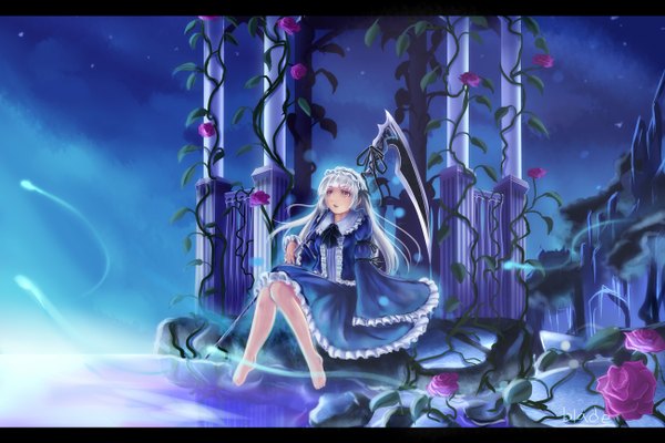 Anime picture 1300x867 with original qblade (artist) long hair red eyes white hair barefoot night night sky looking up girl dress flower (flowers) weapon water headdress rose (roses) maid headdress star (stars) scythe