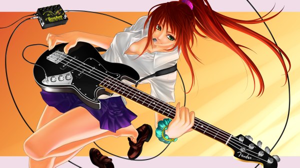 Anime picture 1200x675 with original fenrir (pixiv202462) single long hair wide image green eyes ponytail red hair girl skirt miniskirt shirt bracelet guitar bass guitar