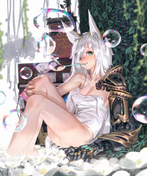 Anime picture 837x1000 with original karasu-san (syh3iua83) single long hair tall image looking at viewer fringe light erotic white background sitting bare shoulders holding green eyes animal ears full body bent knee (knees) white hair barefoot light smile blurry