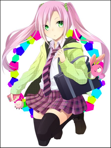 Anime picture 1000x1335 with original i m a single long hair tall image simple background white background twintails green eyes pink hair girl thighhighs skirt uniform black thighhighs school uniform miniskirt necktie jacket school bag