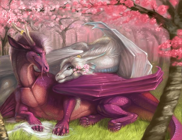 Anime picture 1280x989 with original rajewel (artist) blue eyes horn (horns) cherry blossoms dual persona flower (flowers) plant (plants) animal wings tree (trees) grass branch dragon claws