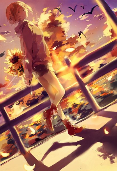 Anime picture 1083x1574 with kagerou project shaft (studio) kisaragi momo yexie single tall image looking at viewer short hair blonde hair smile standing holding yellow eyes cloud (clouds) bent knee (knees) sunlight shadow evening sunset hands behind back