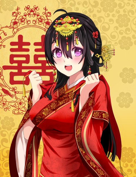 Anime picture 746x968 with original miyaura sanshio beifeng han single long hair tall image looking at viewer blush open mouth black hair hair between eyes purple eyes traditional clothes chinese clothes girl hair ornament