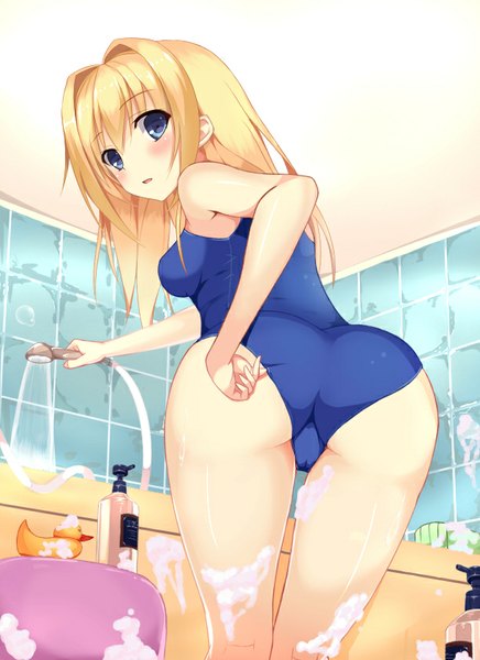 Anime picture 612x842 with original chuxue single long hair tall image looking at viewer blush fringe breasts open mouth blue eyes light erotic blonde hair standing bare shoulders looking back bare legs leaning embarrassed leaning forward