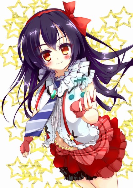 Anime picture 600x846 with love live! school idol project sunrise (studio) love live! sonoda umi kown (artist) single long hair tall image looking at viewer blush smile yellow eyes purple hair girl skirt gloves navel fingerless gloves musical note