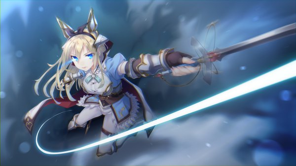 Anime picture 1920x1080 with original kazushiki midori single long hair fringe highres blue eyes blonde hair hair between eyes wide image holding parted lips blurry puffy sleeves outstretched arm glowing glowing eye (eyes) fighting stance serious girl