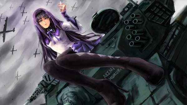 Anime picture 1920x1080 with mahou shoujo madoka magica shaft (studio) akemi homura long hair highres wide image purple eyes purple hair smoking girl weapon pantyhose hairband ground vehicle cigarette aircraft airplane tank