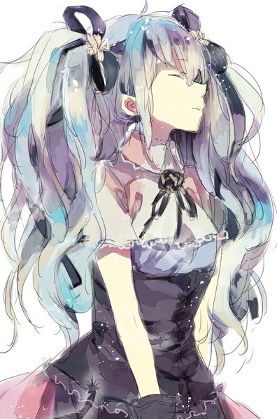 Anime picture 761x1153 with vocaloid hatsune miku kana (support) single long hair tall image fringe simple background white background twintails eyes closed hair flower alternate costume wavy hair glow girl hair ornament flower (flowers) ribbon (ribbons) hair ribbon