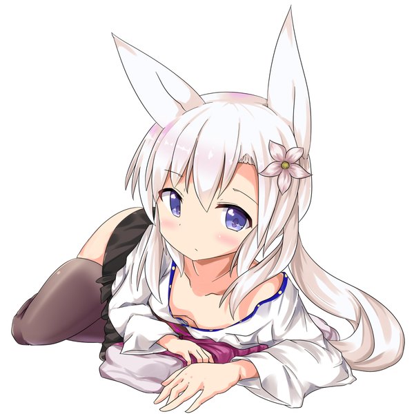Anime picture 1000x1000 with original numatoohu single long hair looking at viewer blush fringe blue eyes light erotic simple background hair between eyes white background animal ears white hair lying hair flower wide sleeves fox ears fox girl on stomach
