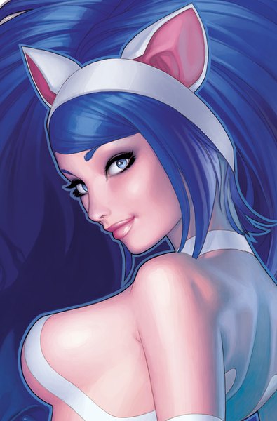 Anime picture 630x956 with vampire / darkstalkers (game) capcom felicia warrenlouw single long hair tall image looking at viewer breasts blue eyes light erotic animal ears blue hair lips girl