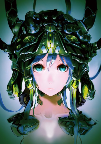 Anime picture 900x1273 with so-bin single long hair tall image looking at viewer bare shoulders green eyes blue hair portrait face girl helmet wire (wires)