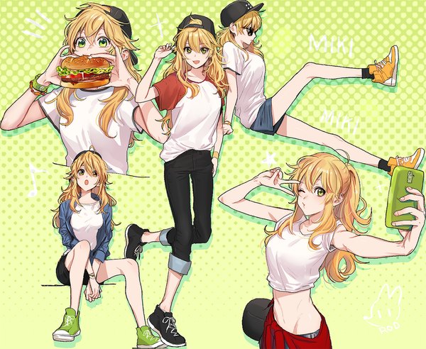 Anime picture 1024x841 with idolmaster hoshii miki rod4817 long hair looking at viewer open mouth blonde hair sitting green eyes ahoge ponytail profile bare belly character names outstretched arm victory eating leg lift (legs lift) polka dot green background