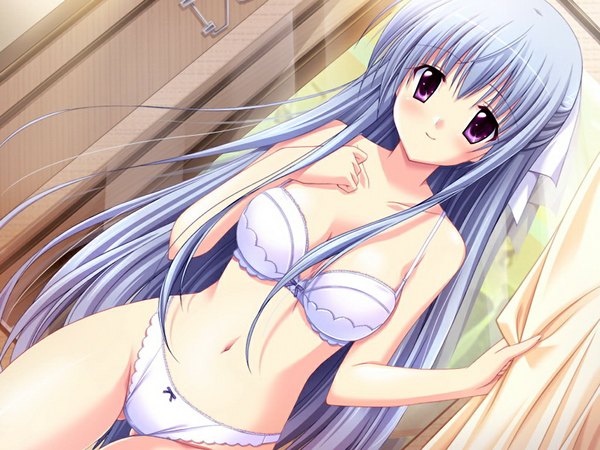 Anime picture 1024x768 with prima stella long hair light erotic purple eyes blue hair game cg underwear only girl underwear panties
