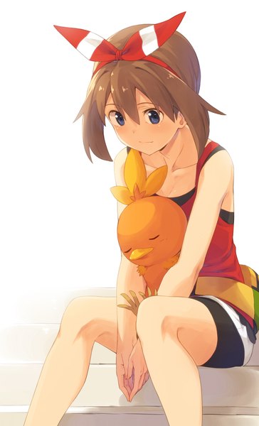 Anime picture 550x906 with pokemon pokemon (game) pokemon oras nintendo may (pokemon) torchic kinta (distortion) single tall image short hair blue eyes simple background hair between eyes brown hair white background sitting bare shoulders looking down between legs gen 3 pokemon