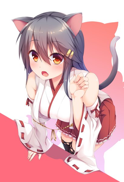 Anime picture 1500x2200 with kantai collection haruna battleship yuumaru (you mya) single long hair tall image blush fringe simple background hair between eyes bare shoulders brown eyes animal ears tail traditional clothes japanese clothes animal tail grey hair cat ears wide sleeves