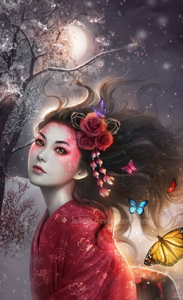 Anime picture 672x1100 with k-koji single long hair tall image blush black hair brown eyes signed traditional clothes japanese clothes hair flower realistic winter pale skin makeup girl hair ornament flower (flowers) plant (plants) tree (trees)