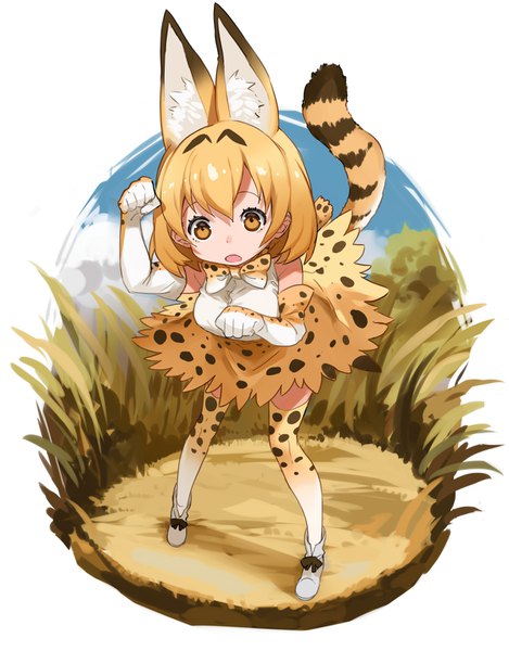 Anime picture 1200x1534 with kemono friends serval (kemono friends) yuu (higashi no penguin) single tall image fringe short hair open mouth blonde hair white background animal ears yellow eyes full body tail animal tail leaning zettai ryouiki leaning forward animal print paw pose