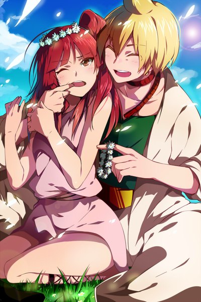 Anime picture 700x1050 with magi the labyrinth of magic a-1 pictures morgiana ali baba saluja akishima kei long hair tall image blush fringe short hair open mouth blonde hair red eyes sitting sky cloud (clouds) red hair eyes closed traditional clothes :d