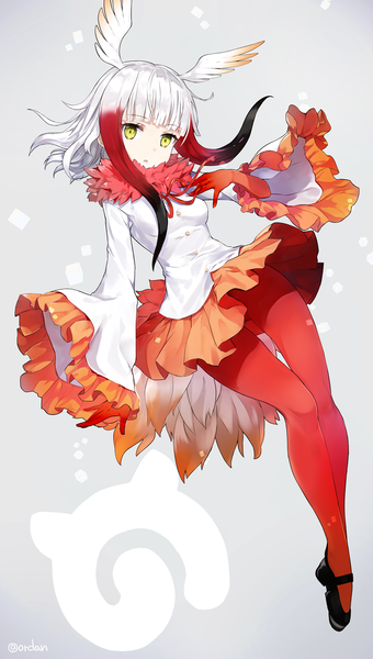 Anime picture 850x1500 with kemono friends crested ibis (kemono friends) orda single tall image looking at viewer light erotic black hair signed yellow eyes white hair red hair tail parted lips multicolored hair grey background wide sleeves :o twitter username floating hair