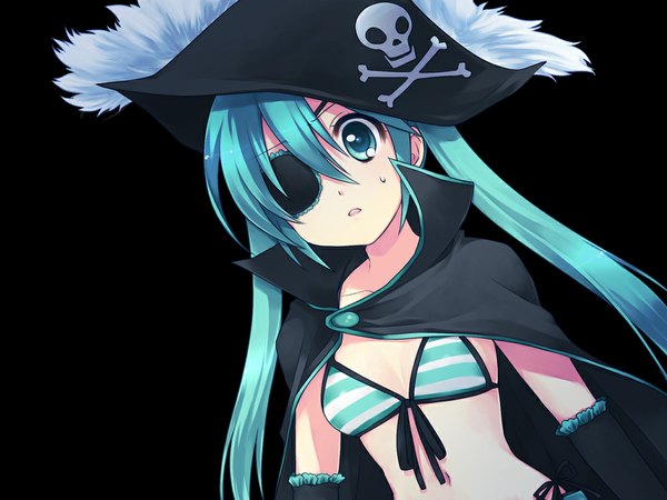 Anime picture 1024x768 with vocaloid hatsune miku usashiro mani single girl eyepatch bikini top pirate hat