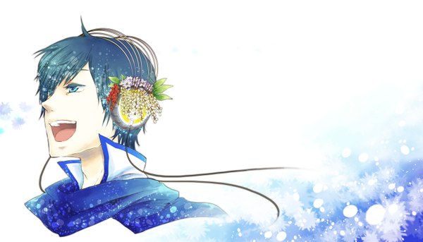 Anime picture 1450x829 with vocaloid kaito (vocaloid) mitarashio single fringe short hair open mouth blue eyes smile wide image blue hair hair flower hair over one eye singing boy hair ornament headphones scarf wire (wires)