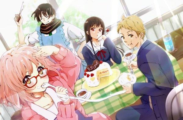 Anime picture 1310x862 with kyoukai no kanata kyoto animation kuriyama mirai kanbara akihito nase mitsuki nase hiroomi conone long hair short hair black hair blonde hair red eyes sitting multiple girls brown eyes pink hair eyes closed multiple boys eating girl