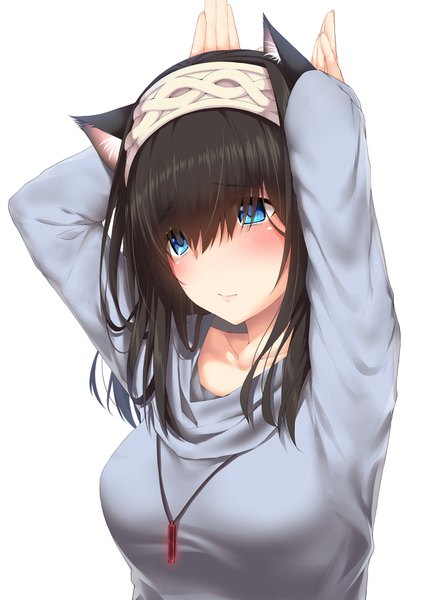 Anime picture 2508x3541 with idolmaster idolmaster cinderella girls sagisawa fumika go-1 single long hair tall image fringe highres black hair smile white background animal ears looking away upper body cat ears hair over one eye arms up cat girl arms behind head