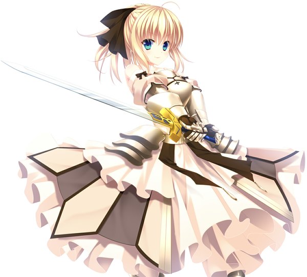 Anime picture 1134x1023 with fate (series) fate/stay night fate/unlimited codes studio deen type-moon artoria pendragon (all) saber saber lily hatori piyoko single short hair simple background blonde hair smile white background green eyes ahoge ponytail girl dress