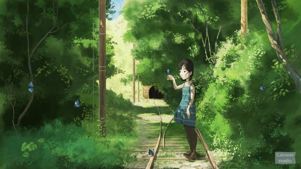 Anime picture 1280x720 with original topipan single short hair black hair wide image brown eyes girl dress plant (plants) pantyhose tree (trees) insect butterfly grass sundress forest railways tunnel