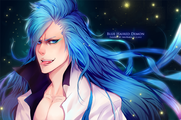 Anime picture 1100x734 with bleach studio pierrot grimmjow jeagerjaques akubaka single long hair looking at viewer open mouth blue eyes smile blue hair inscription open clothes teeth fang (fangs) open shirt :p espada boy tongue