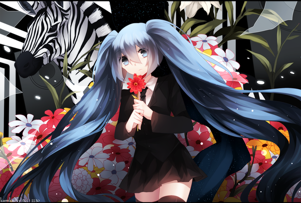 Anime picture 1200x811 with vocaloid saihate (vocaloid) hatsune miku kami (artist) single looking at viewer blue eyes twintails holding very long hair pleated skirt aqua hair girl thighhighs skirt uniform flower (flowers) black thighhighs school uniform animal