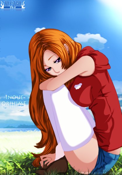 Anime picture 900x1292 with bleach studio pierrot inoue orihime tempestdh single long hair tall image purple eyes sky cloud (clouds) sunlight orange hair inscription coloring girl thighhighs white thighhighs shorts sun