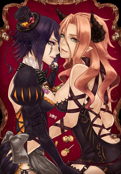 Anime picture 900x1289 with the last story kaname (cherry0732) long hair tall image looking at viewer short hair breasts multiple girls green eyes purple hair tail horn (horns) fingernails pointy ears orange hair teeth grey eyes fang (fangs) striped halloween
