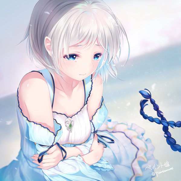 Anime picture 1000x1002 with original paint musume single tall image short hair blue eyes bare shoulders signed looking away silver hair upper body wide sleeves twitter username tears girl dress detached sleeves brooch