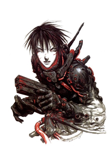 Anime picture 1240x1713 with blame! killy nihei tsutomu single tall image short hair black hair simple background white background boy weapon gun
