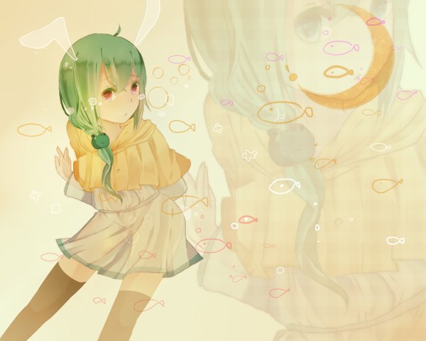 Anime picture 1280x1024 with utau itamidome single red eyes animal ears green hair bunny ears tears crying zoom layer crescent girl thighhighs fish (fishes)