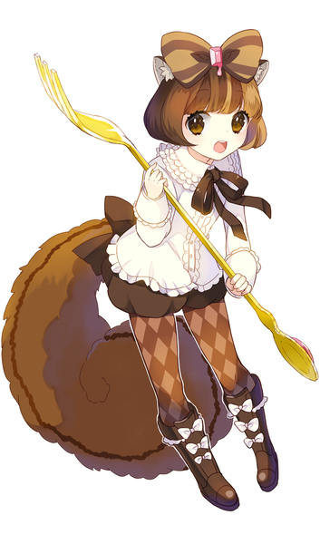 Anime picture 800x1358 with show by rock!! studio bones chokyuruiyu (show by rock!!) himaya single tall image blush short hair open mouth simple background brown hair standing white background holding brown eyes animal ears looking away full body tail blunt bangs