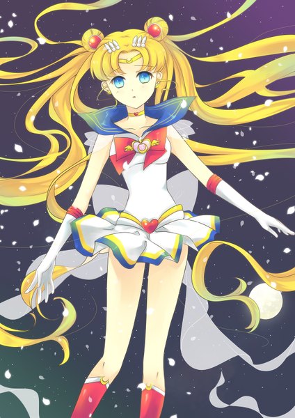Anime picture 1200x1697 with bishoujo senshi sailor moon toei animation tsukino usagi sailor moon super sailor moon single long hair tall image blue eyes blonde hair standing twintails very long hair pleated skirt dark background crescent space transparent girl gloves