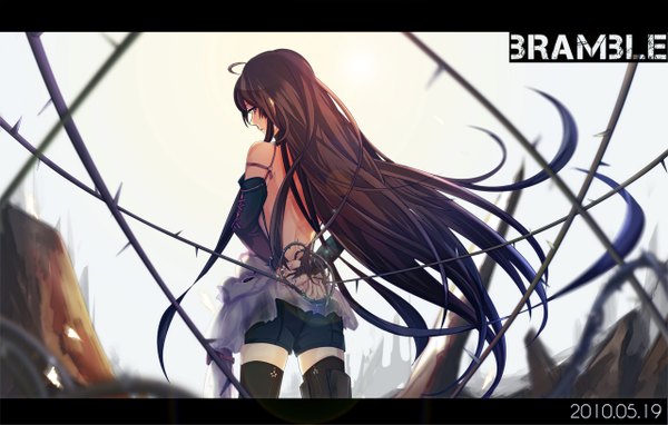 Anime picture 1280x817 with original dono ko (artist) single long hair brown hair looking back from behind grey eyes back ruins girl detached sleeves shorts thorns