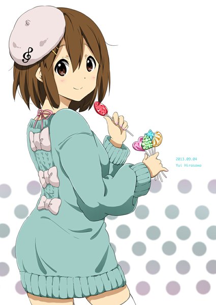 Anime picture 800x1130 with k-on! kyoto animation hirasawa yui ragho no erika single tall image looking at viewer blush short hair smile brown hair brown eyes girl bow sweater beret lollipop