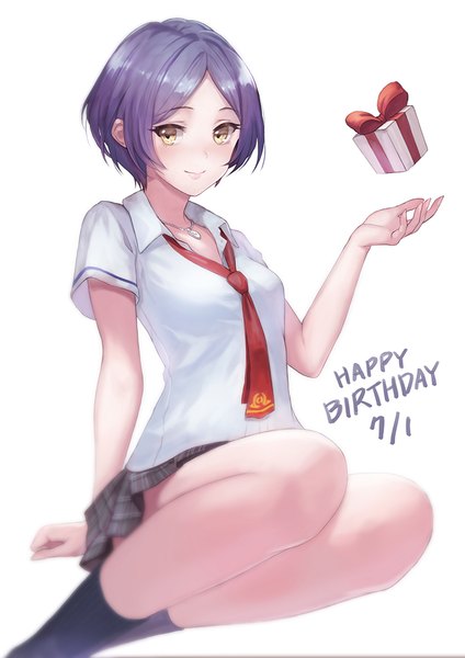 Anime picture 700x990 with idolmaster idolmaster cinderella girls hayami kanade meto31 single tall image looking at viewer short hair simple background smile white background sitting yellow eyes purple hair arm support dated open collar happy birthday girl uniform