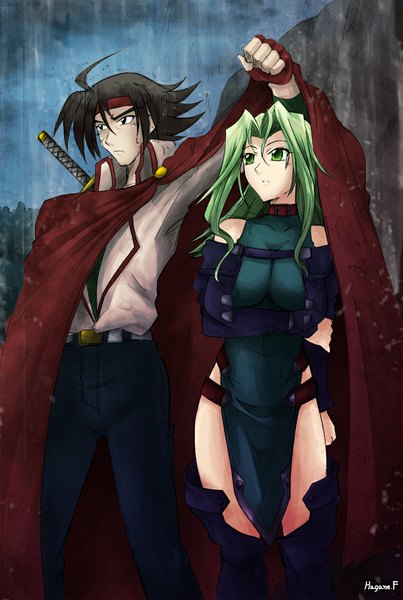 Anime picture 786x1169 with mobile suit gundam super robot wars g gundam sunrise (studio) lamia loveless domon kasshu haganef long hair tall image short hair black hair green eyes green hair black eyes rain girl boy weapon sword katana