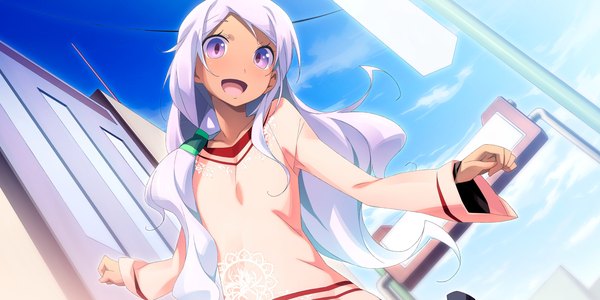Anime picture 2400x1200 with kaminoyu (game) single long hair highres open mouth wide image purple eyes game cg purple hair girl