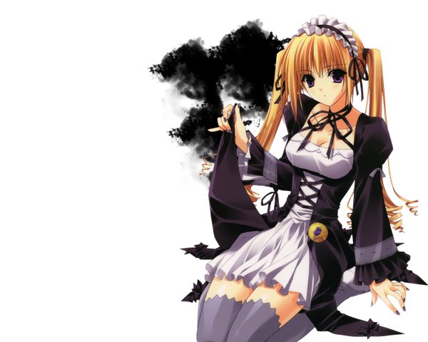 Anime picture 1280x1024 with monochrome (game) suzuhira hiro single long hair looking at viewer blush light erotic blonde hair white background sitting purple eyes twintails holding nail polish wide sleeves girl thighhighs dress headdress