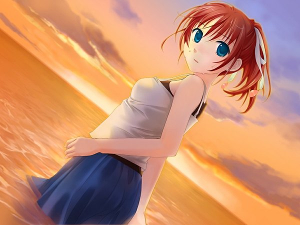 Anime picture 1024x768 with amanatsu blue eyes game cg red hair evening sunset girl