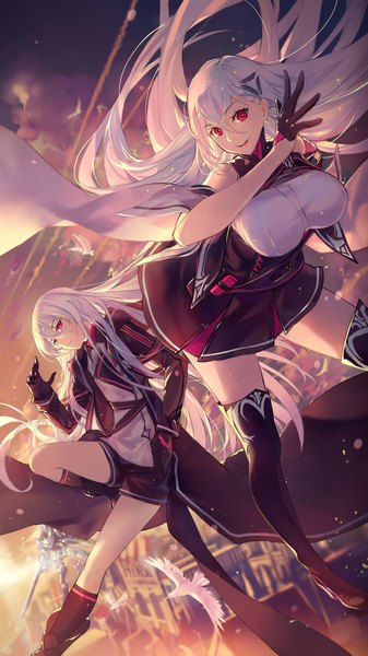 Anime picture 2486x4421 with iron saga jidong zhandui criin long hair tall image looking at viewer fringe highres breasts smile hair between eyes red eyes large breasts sky bent knee (knees) white hair very long hair long sleeves wind shadow